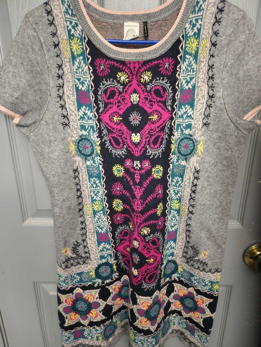 Anthropologie Women’s Gray Short-Sleeve Dress with Pink & Teal Embroidered Panel